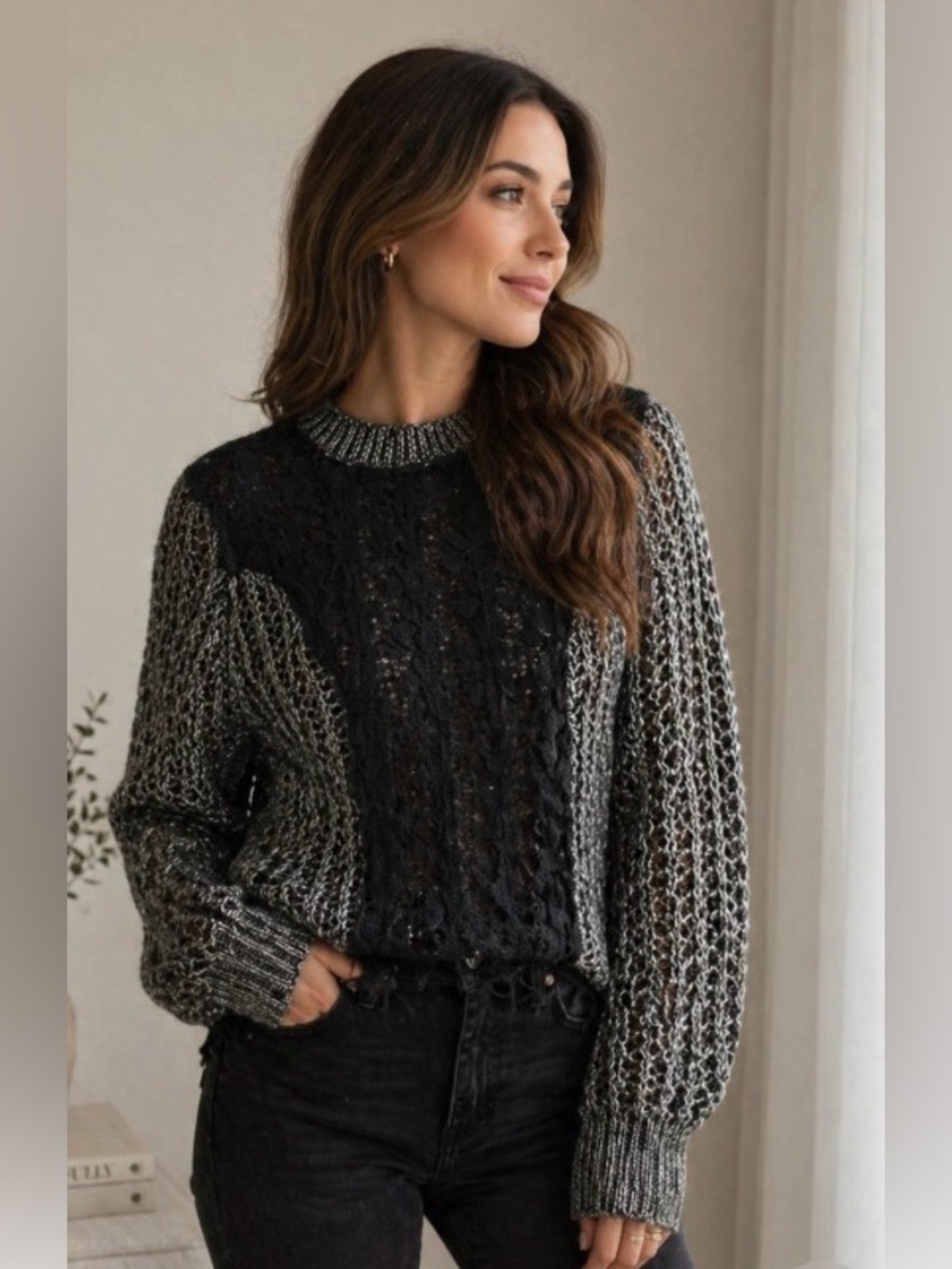 Ryu Black and Silver Sweater with Lace embellishment.